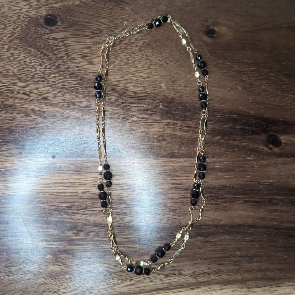 Gold Tone Double Strand Necklace Faceted Black Beads Layered Chain 21.5 Inch